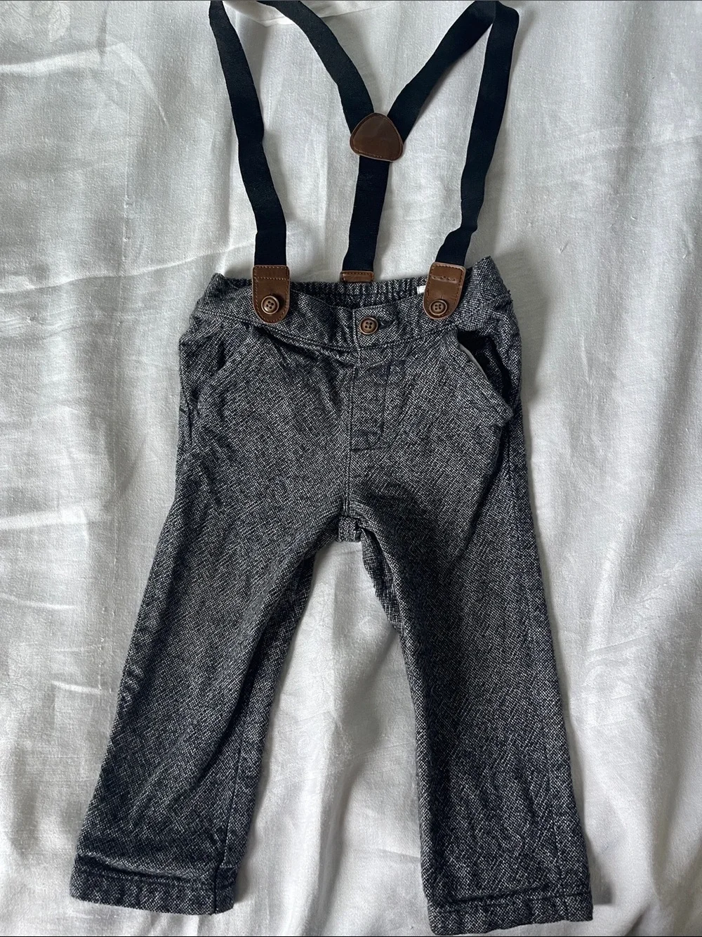 Gymboree Gray Herringbone Overalls with Black Suspenders